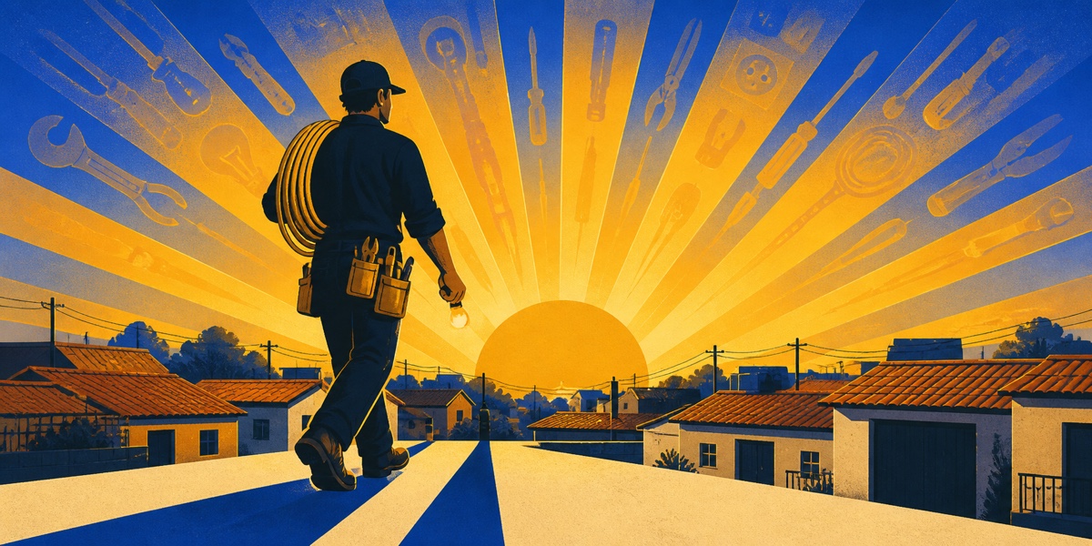 Trabajador caminando hacia el amanecer con cable al hombro y cinturón de herramientas, sobre las casas de zona sur GBA — homenaje al Día del Trabajador